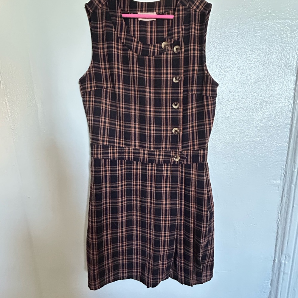Miss Patina Plaid Sleeveless Dress with Button Detail